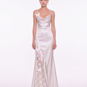 Butterfly Lace Panel Satin Cowl Maxi Dress - Ivory
