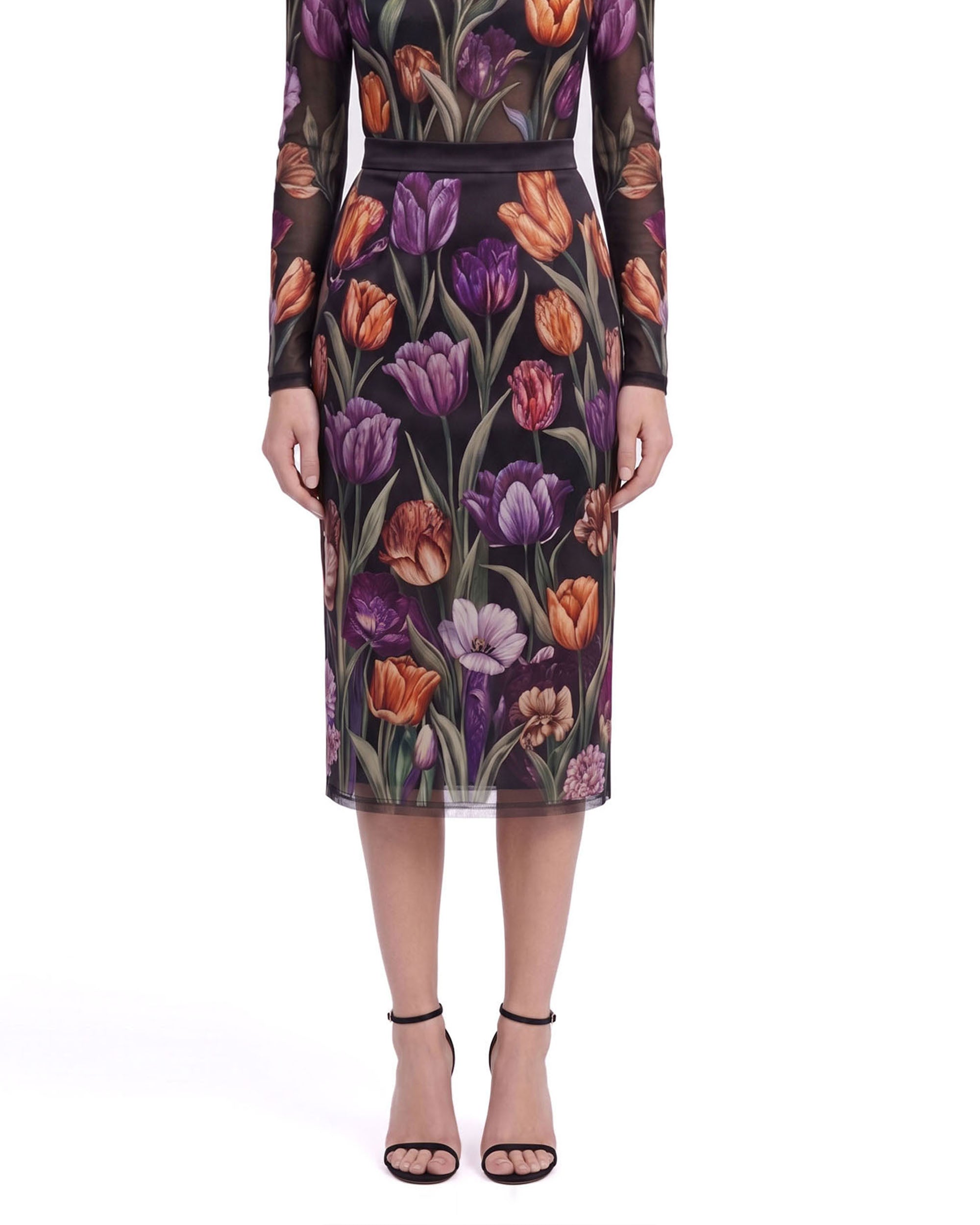 Tulip Print High-Waisted Midi Skirt - Black - Image 2