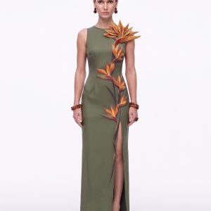 Bird of Paradise Appliqué Slit Maxi Dress - Olive Green