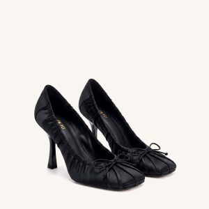 Solenne Satin Bow Ruched Pumps - Black