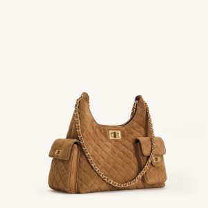Vivian Faux Suede Quilted Chain Shoulder Bag - Caramel Brown