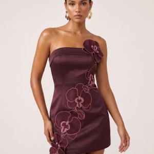 Orchid Embroidered Floral Appliqué Strapless Mini Dress - Burgundy