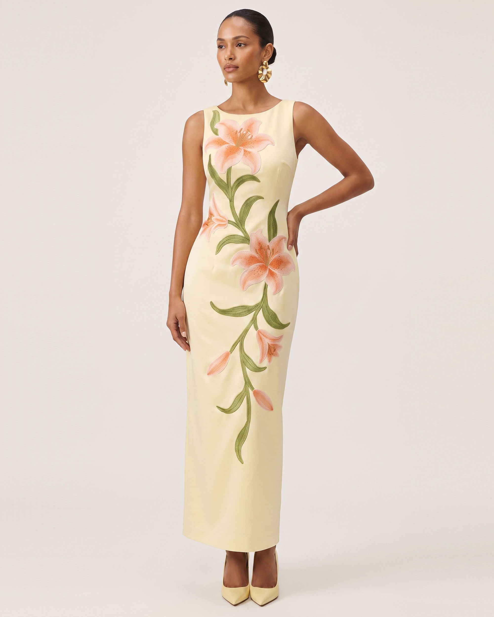 Lily Floral Print Sleeveless Column Maxi Dress - Light Yellow - Image 2