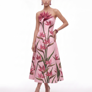Bird of Paradise Appliqué Strapless A-Line Midi Dress - Pink