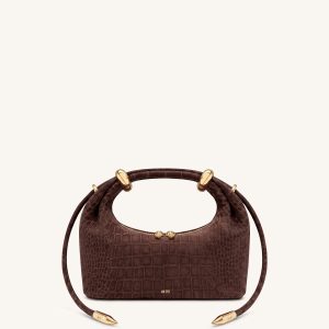 Ellie Faux Suede Metal Ring Embellished Top Handle Bag - Chocolate Brown Croc