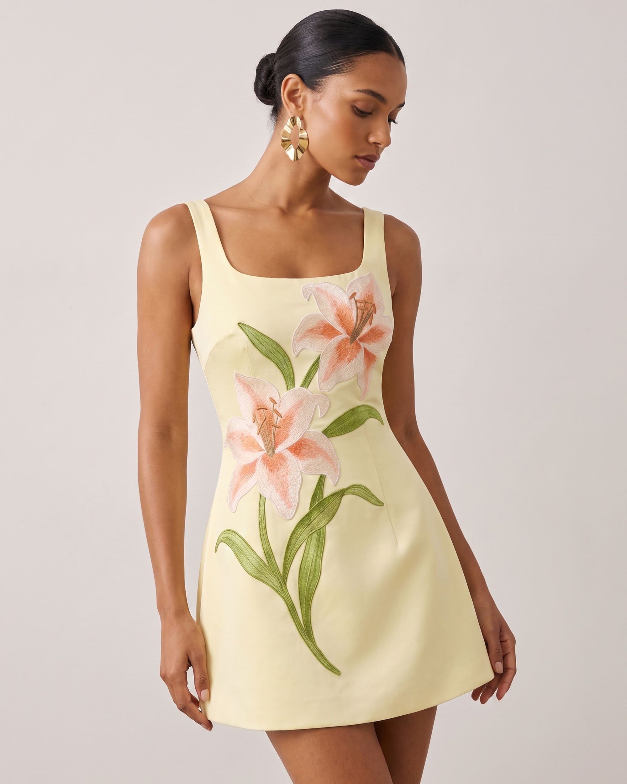 Lily Floral Print Sleeveless A-Line Mini Dress - Yellow - Image 2