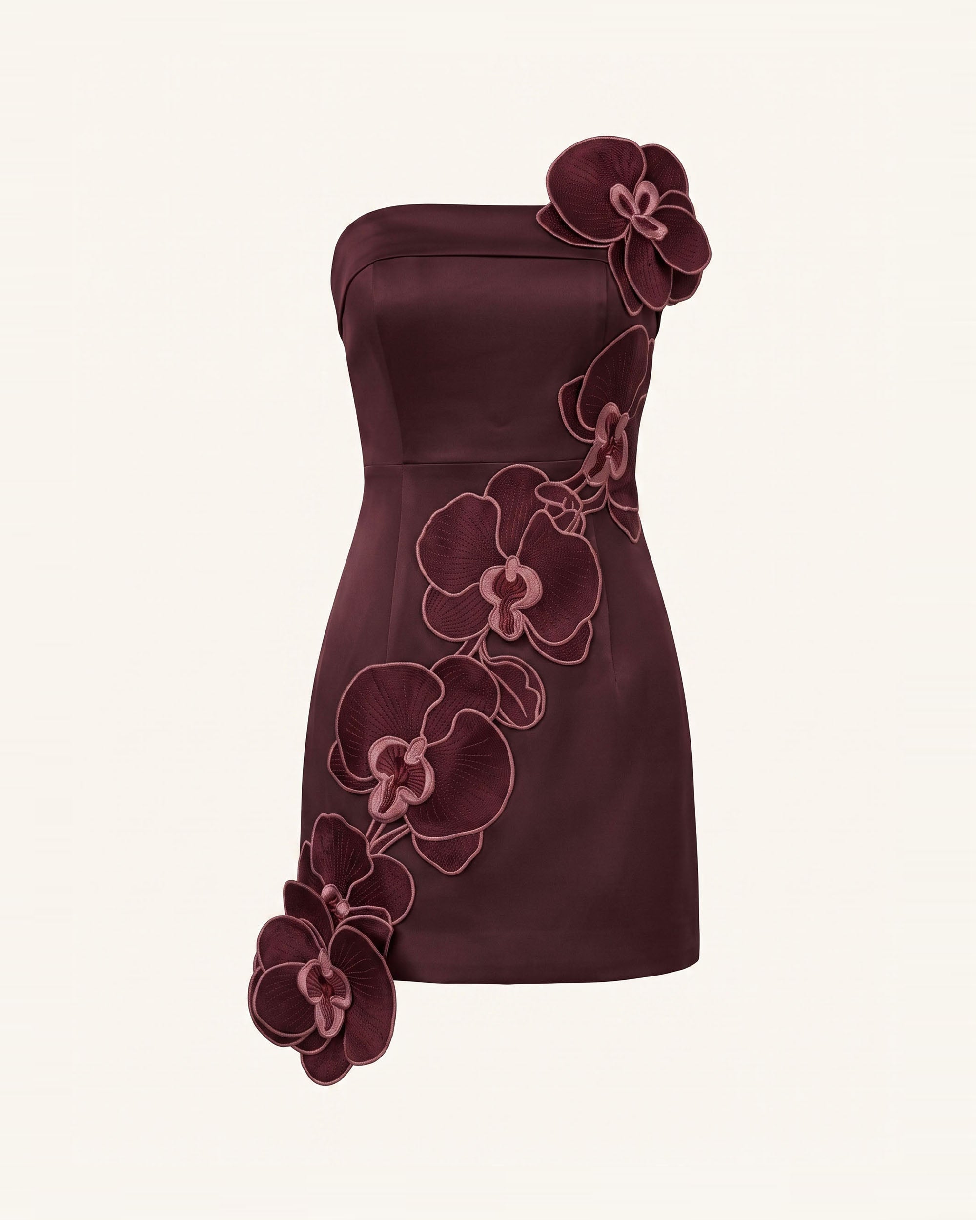 Orchid Embroidered Floral Appliqué Strapless Mini Dress - Burgundy - Image 3