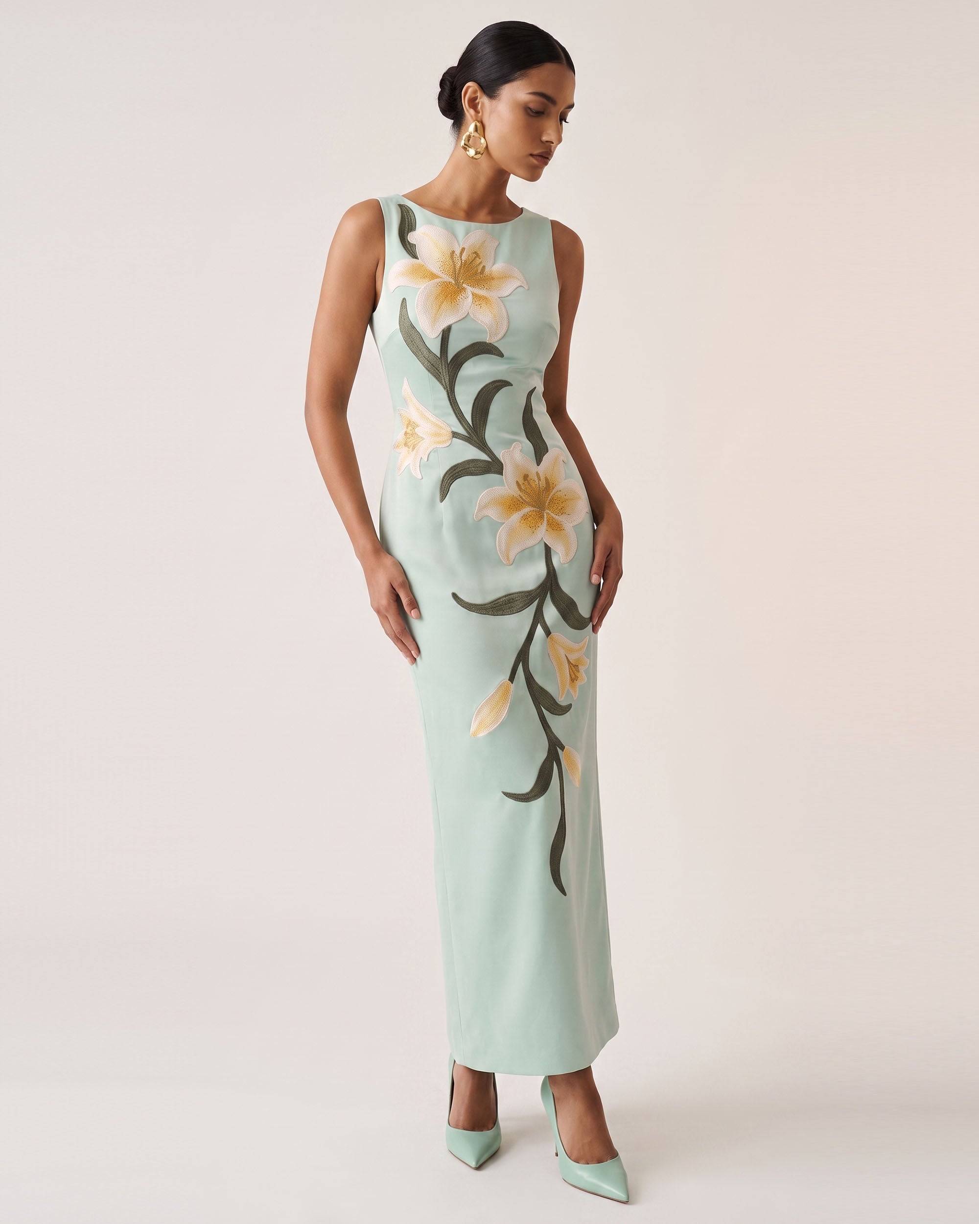 Lily Floral Print Sleeveless Column Maxi Dress - Mint Green - Image 2