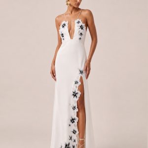 Flower Embroidered Cutout Halter Maxi Dress - White