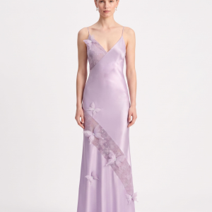 Butterfly Lace Panel Satin Slip Maxi Dress - Lavender