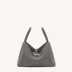 Maelle Faux Suede Dachshund Charm Double Handle Bag - Grey