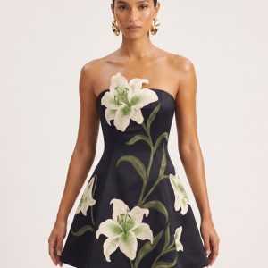 Lily Floral Print Strapless A-Line Mini Dress - Black
