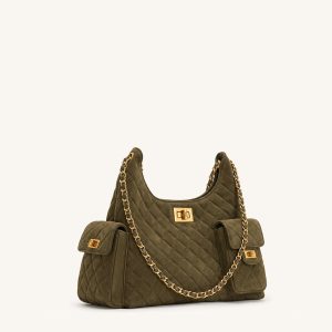 Vivian Faux Suede Quilted Chain Shoulder Bag - Olive Green