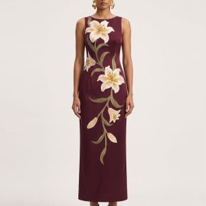 Lily Floral Print Sleeveless Column Maxi Dress - Burgundy