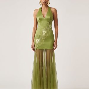 Orchid Embroidered Sheer Hem Halter Maxi Dress - Olive