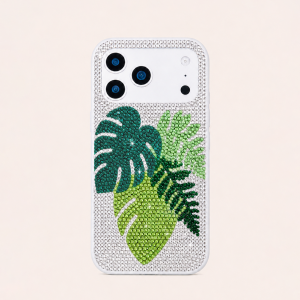Tropical Leaf Artificial Crystal Phone Case - White Green