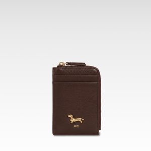 Maeve Dachshund Emblem Zip Card Holder - Dark Brown