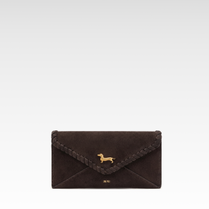 Maeve Dachshund Emblem Whipstitch Faux Suede Wallet - Dark Brown