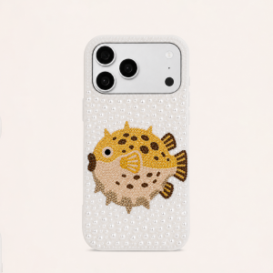 Pufferfish Pearl & Artificial Crystal Phone Case – White