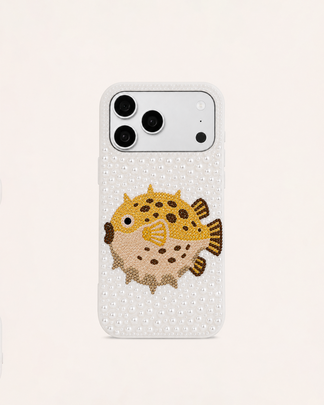 Pufferfish Pearl & Artificial Crystal Phone Case – White