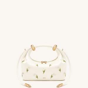 Ellie Satin Finish Embroidered Metal Ring Embellished Top Handle Bag - White