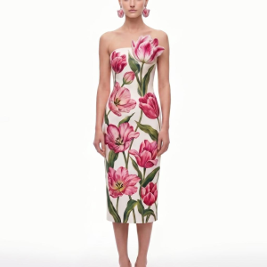 Tulip Floral Strapless Column Midi Dress - Ivory