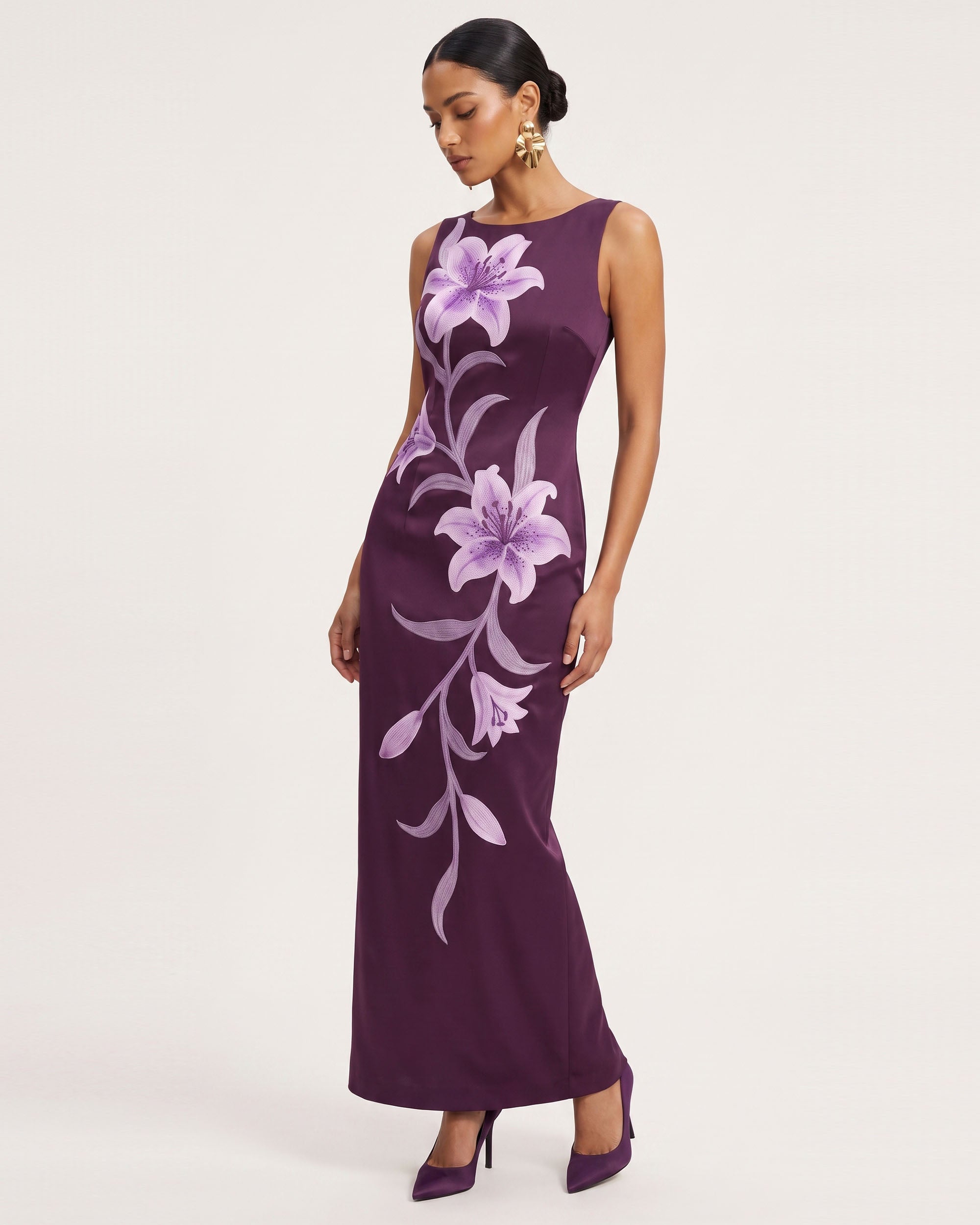 Lily Floral Print Sleeveless Column Maxi Dress - Dark Purple - Image 2