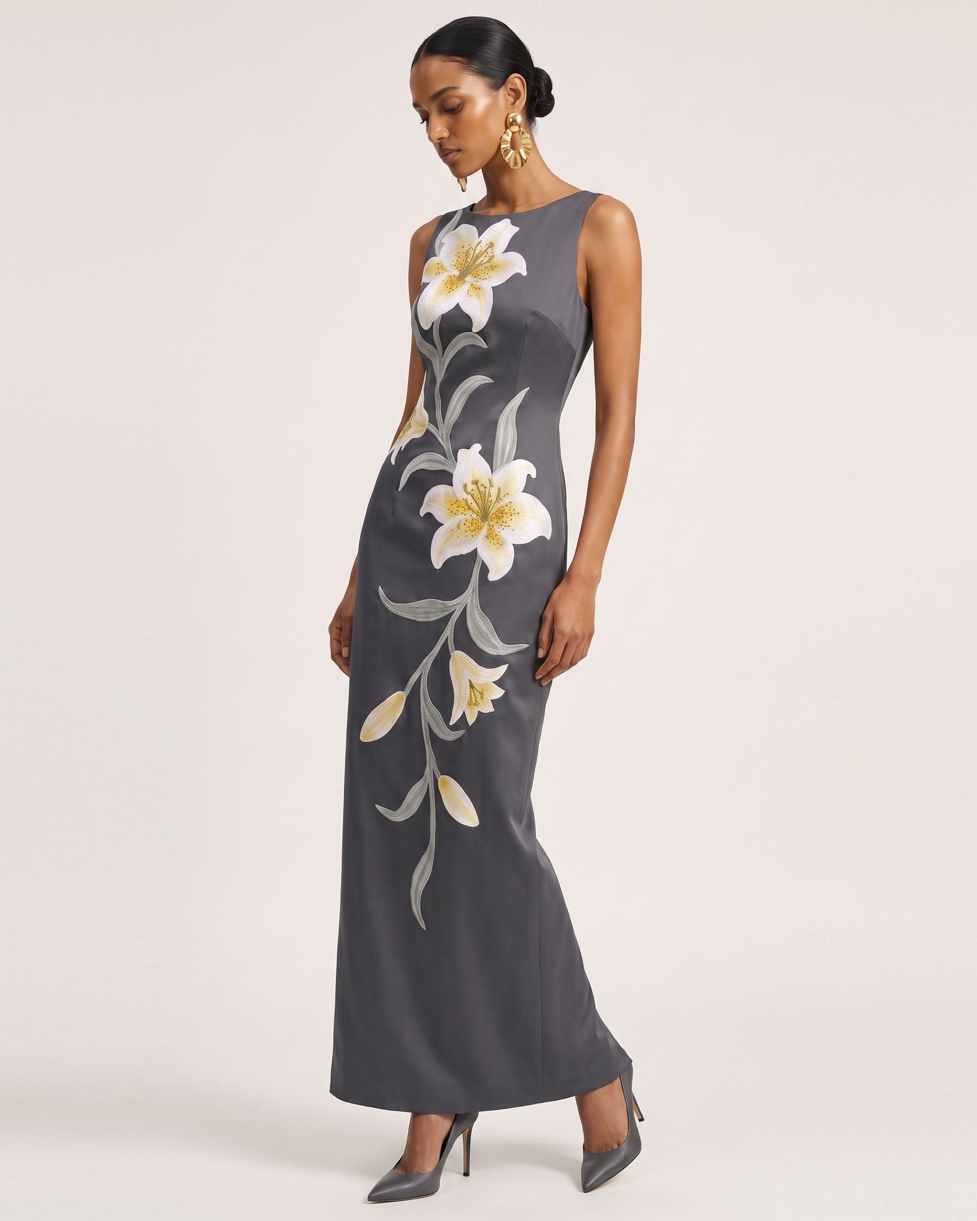 Lily Floral Print Sleeveless Column Maxi Dress - Grey - Image 2