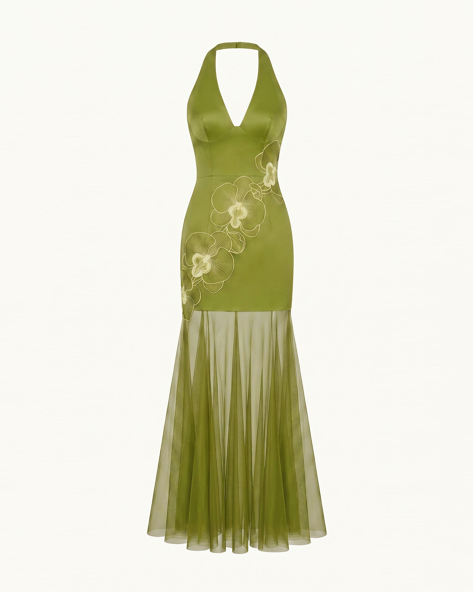 Orchid Embroidered Sheer Hem Halter Maxi Dress - Olive - Image 3