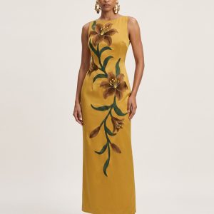 Lily Floral Print Sleeveless Column Maxi Dress - Mustard Yellow