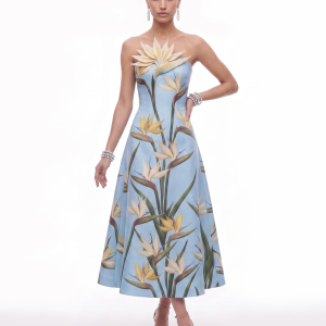 Bird of Paradise Appliqué Strapless A-Line Midi Dress - Light Blue