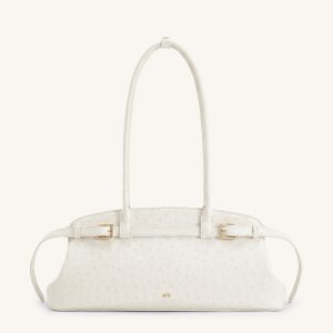 Arden Faux Ostrich Grain Belt Detail East-West Shoulder Bag - White