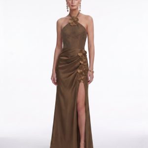 Floral Appliqué Halter Slit Satin Maxi Dress - Brown