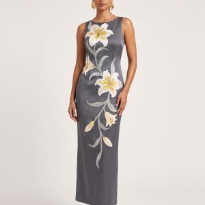 Lily Floral Print Sleeveless Column Maxi Dress - Grey