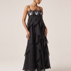 Orchid Embroidered Organza Maxi Dress - Black