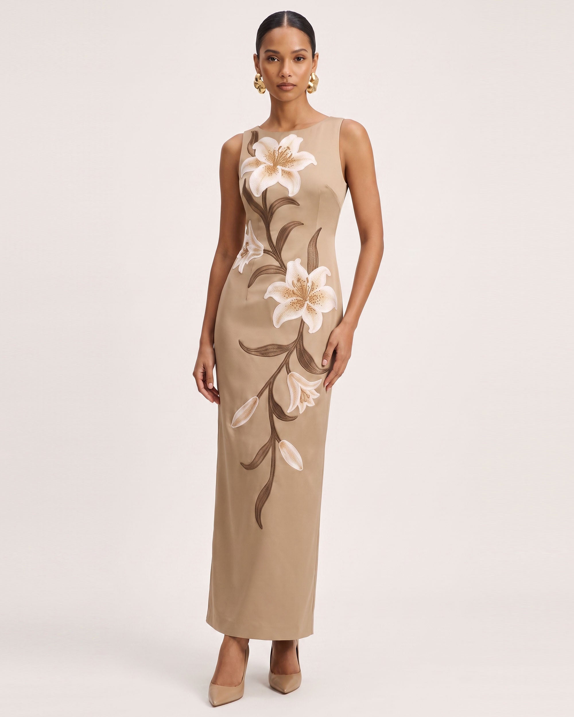 Lily Floral Print Sleeveless Column Maxi Dress - Mocha Brown - Image 2