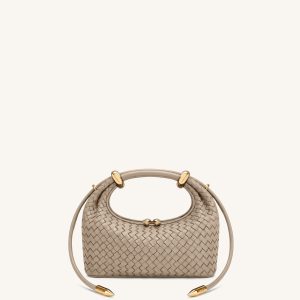 Ellie Woven Metal Ring Embellished Top Handle Bag - Khaki