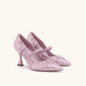 Solenne Satin Bow Ruched Mary Jane Pumps - Lavender