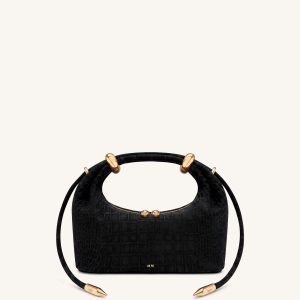 Ellie Faux Suede Metal Ring Embellished Top Handle Bag - Black Croc