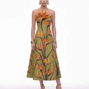 Bird of Paradise Appliqué Strapless A-Line Midi Dress - Olive Green