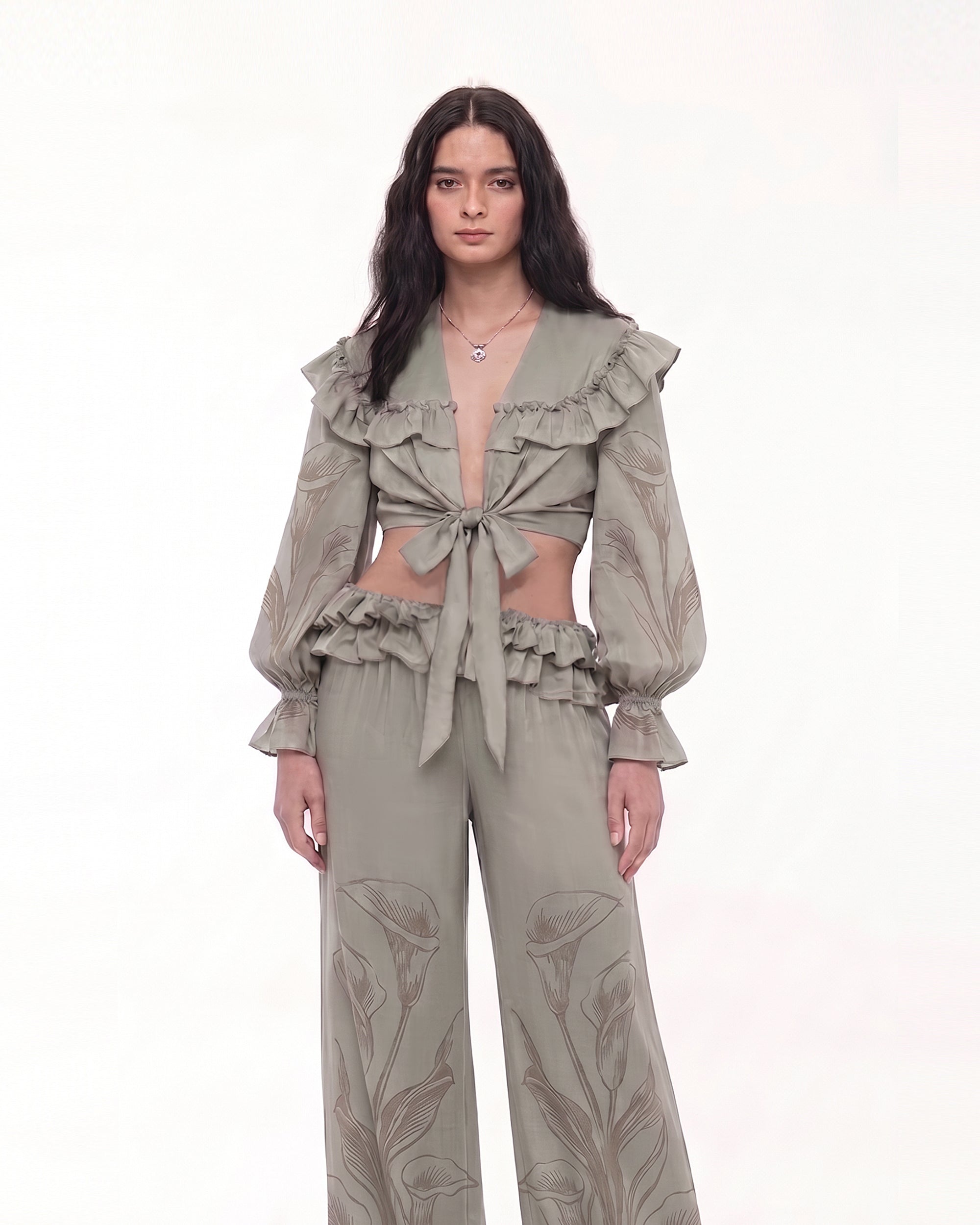 Calla Lily Ruffle Tie-Front Crop Blouse - Sage Green - Image 2