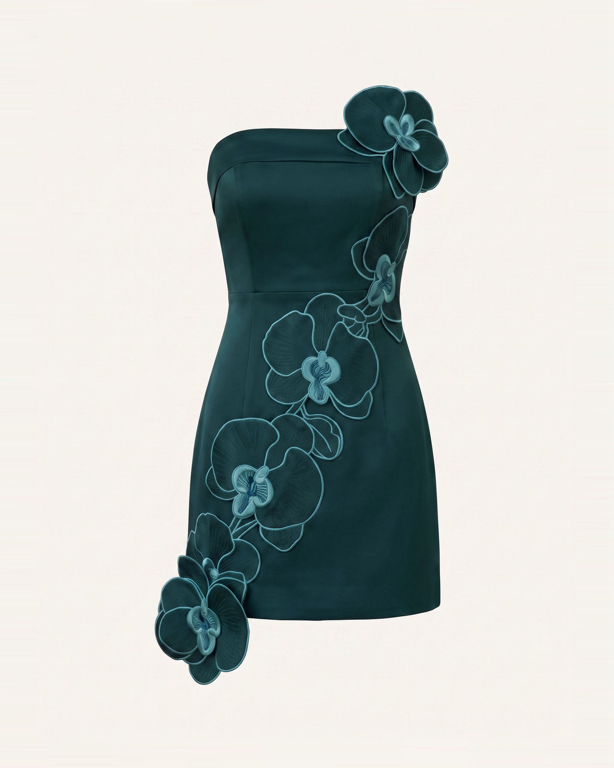 Orchid Embroidered Floral Appliqué Strapless Mini Dress - Dark Green - Image 3