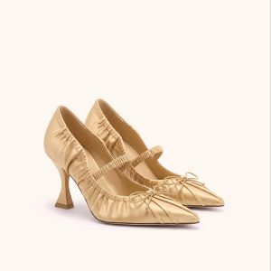 Solenne Satin Bow Ruched Mary Jane Pumps - Champagne