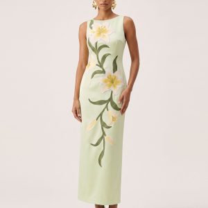 Lily Floral Print Sleeveless Column Maxi Dress - Pistachio Green