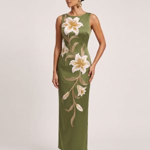 Lily Floral Print Sleeveless Column Maxi Dress - Yellowish Green