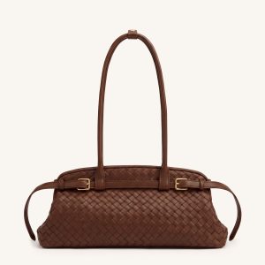 Arden Woven Belt Detail East-West Shoulder Bag - Chocolate Brown