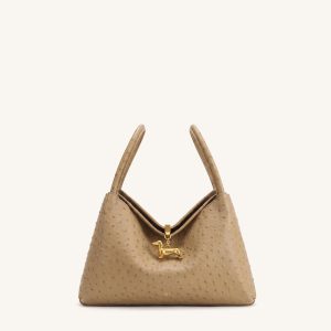 Maelle Faux Ostrich Grain Dachshund Charm Double Handle Bag - Brown